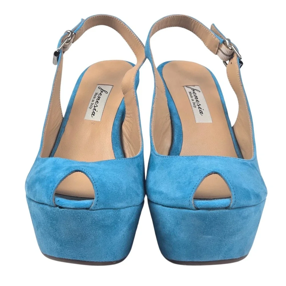 Luxury Turquoise Suede Peep-toe Platform Slingback Wedge Sandal Size 38 NIB $458